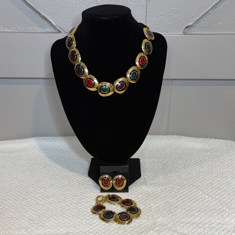 Vintage Brass Gold Enamel Multicolor Gemstone Necklace Bracelet Earrings Set